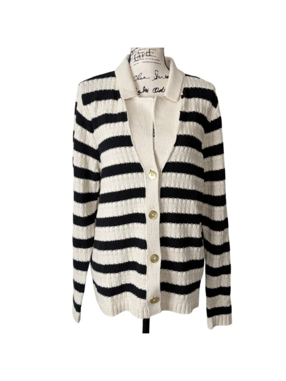 J. Jill Women Size M Weaver Collection Cardigan Striped Black White Button-Up